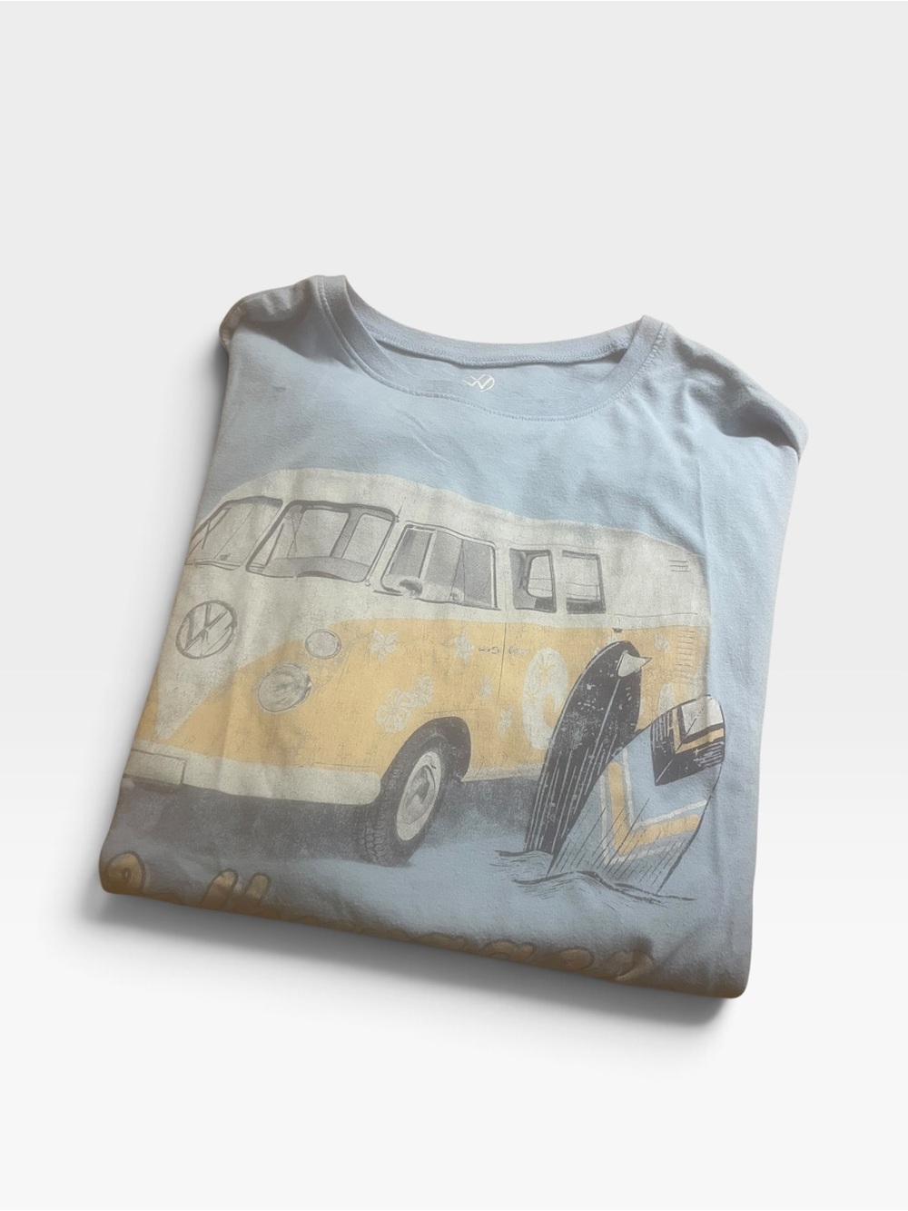 Light Blue Women's Short Sleeve Tee with Yellow VW Bus Graphic excellent